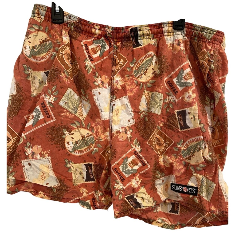Vintage 1990s SunSports Hawaii Men's Large Swim Trunks Coffee Theme Shorts USA